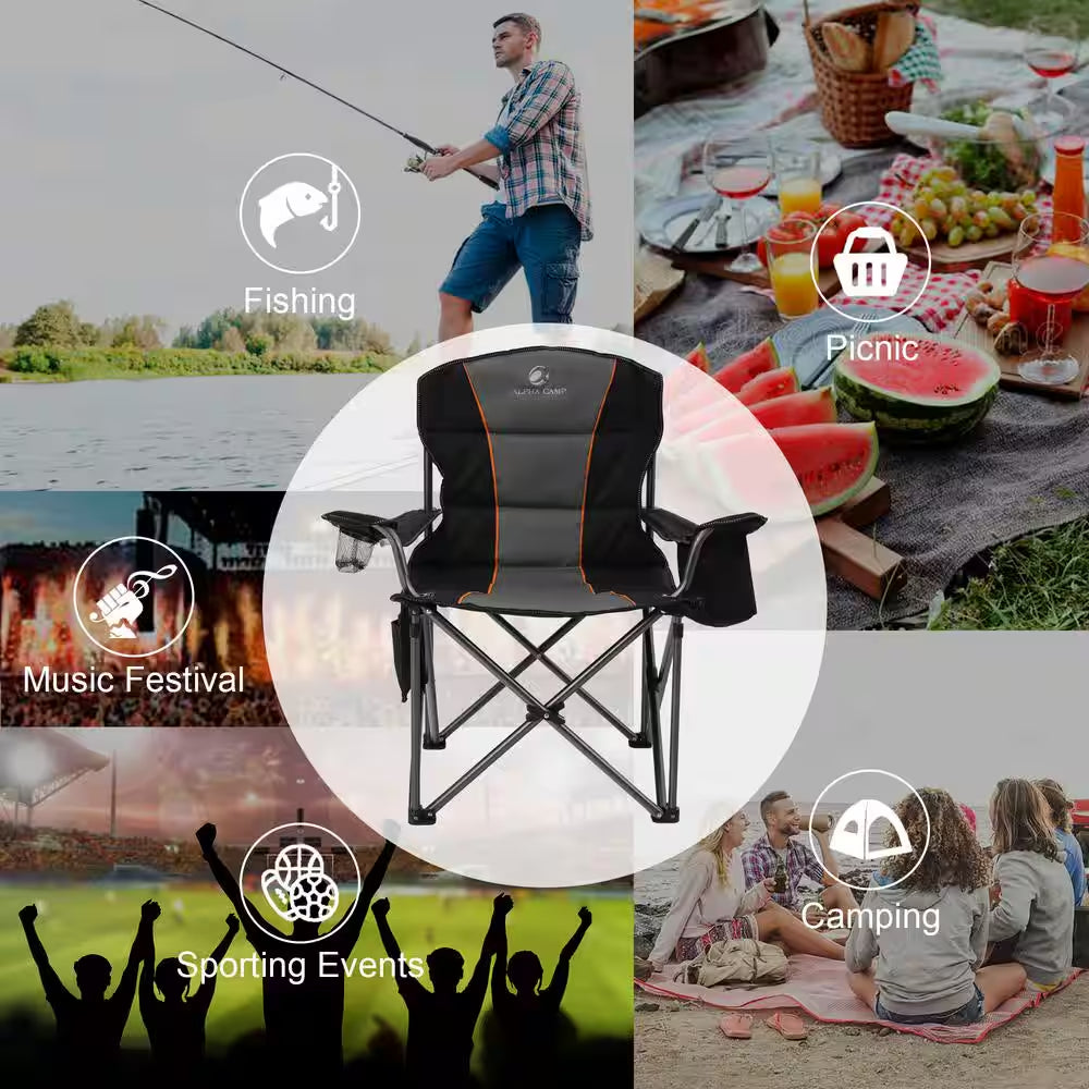 Deluxe Heavy-Duty Oversized Folding Camping Chair with Integrated Cooler Bag - Black