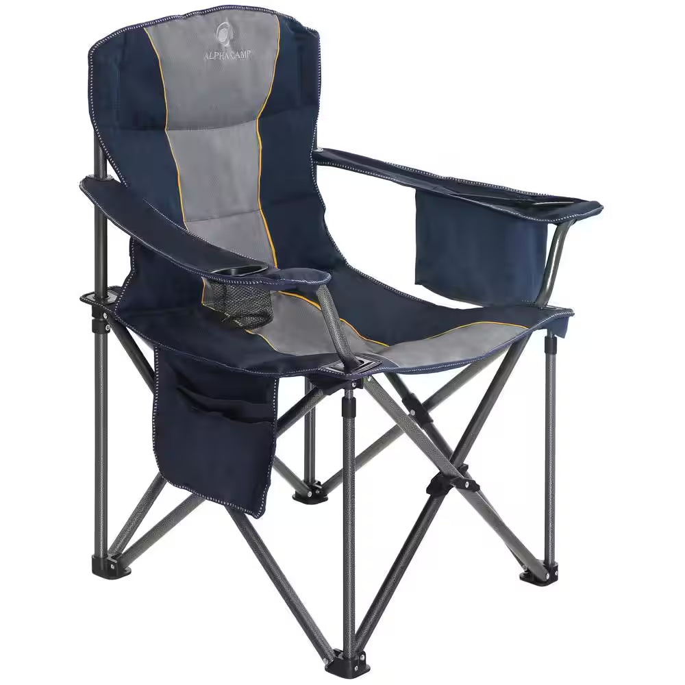 Deluxe Heavy-Duty Oversized Folding Camping Chair with Integrated Cooler Bag - Blue