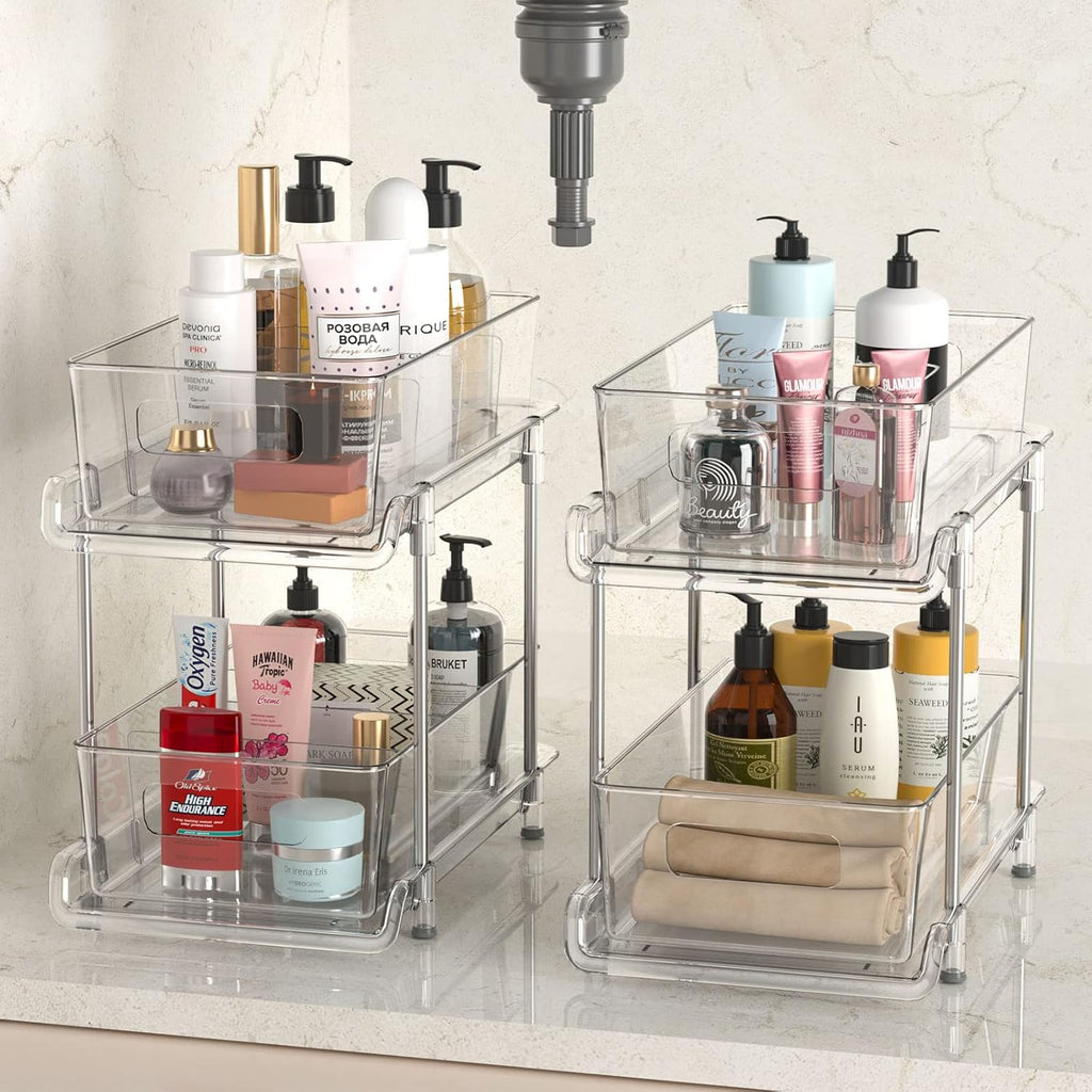 2-Tier Clear Storage Organizer | Pull-Out Cabinet, Bathroom & Pantry Storage