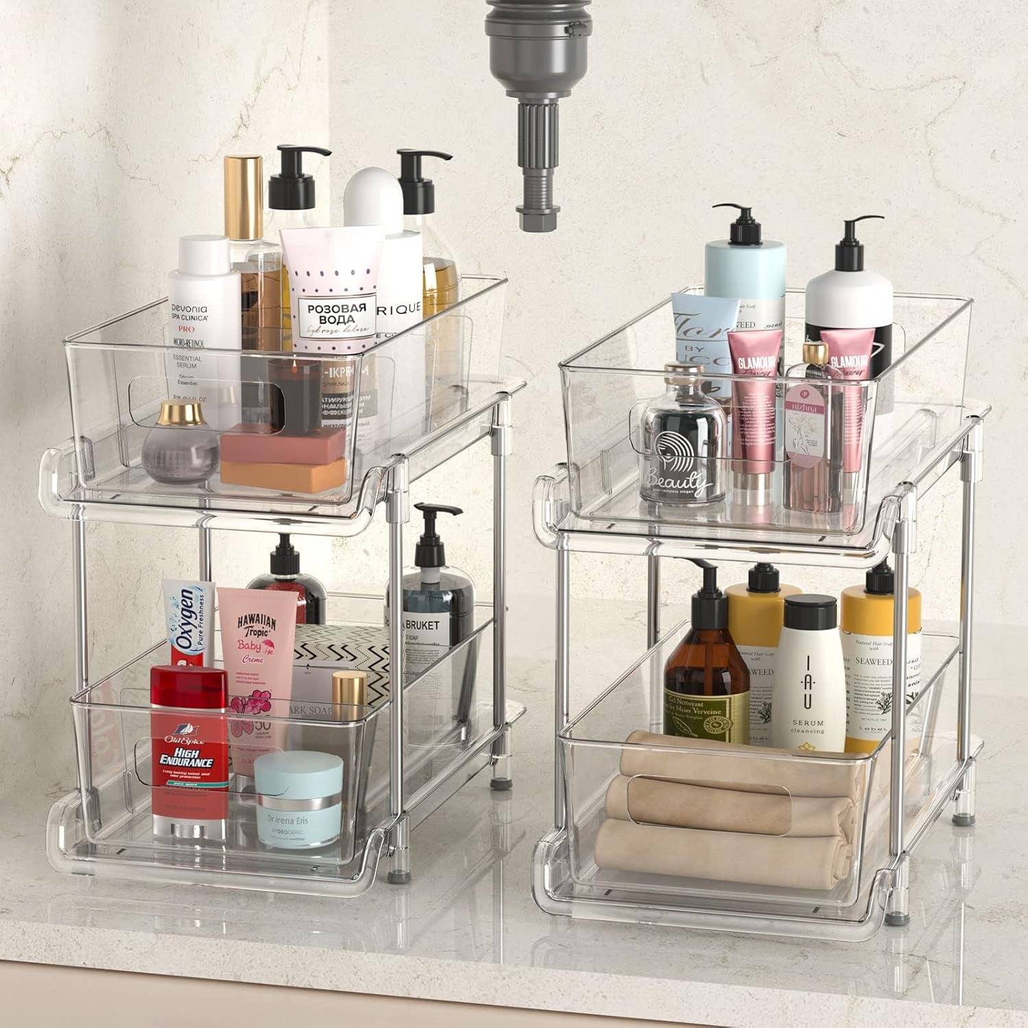 2-Tier Clear Storage Organizer | Pull-Out Cabinet, Bathroom & Pantry Storage