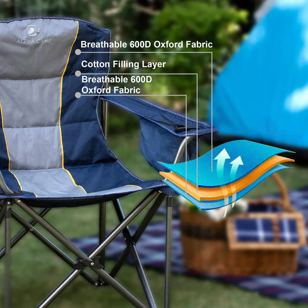 Deluxe Heavy-Duty Oversized Folding Camping Chair with Integrated Cooler Bag - Blue