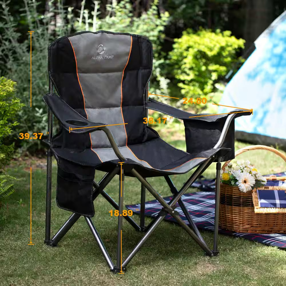 Deluxe Heavy-Duty Oversized Folding Camping Chair with Integrated Cooler Bag - Black