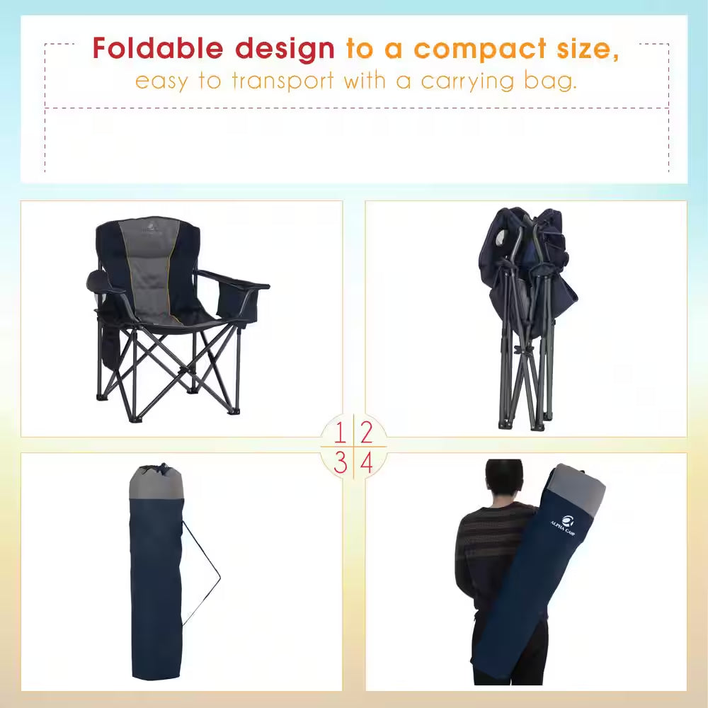 Deluxe Heavy-Duty Oversized Folding Camping Chair with Integrated Cooler Bag - Blue