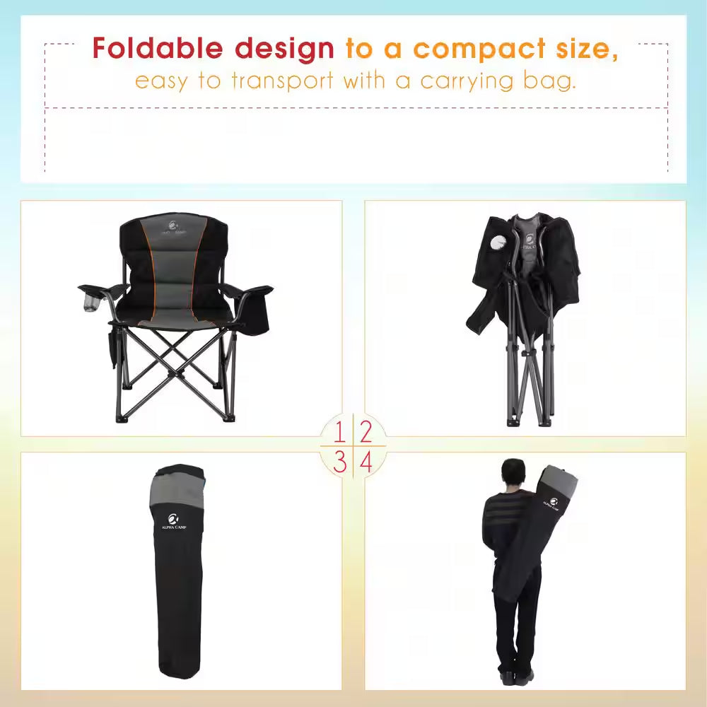 Deluxe Heavy-Duty Oversized Folding Camping Chair with Integrated Cooler Bag - Black