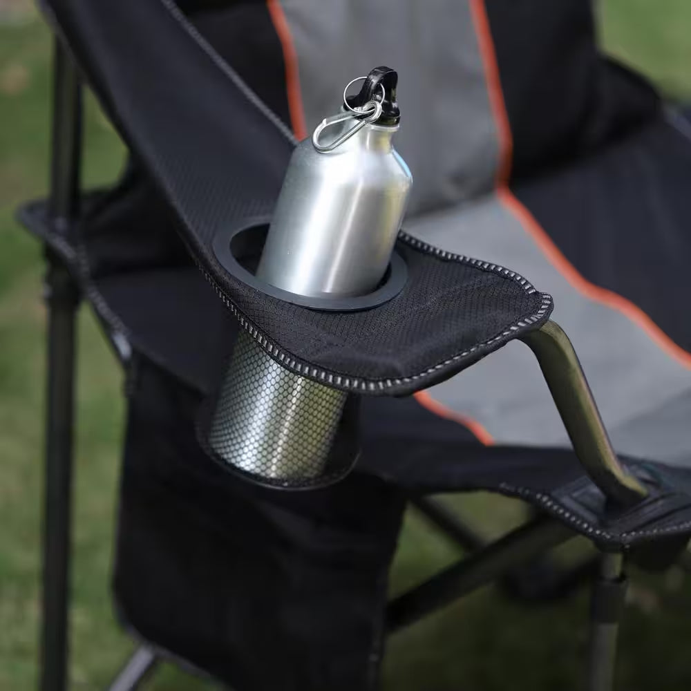 Deluxe Heavy-Duty Oversized Folding Camping Chair with Integrated Cooler Bag - Black