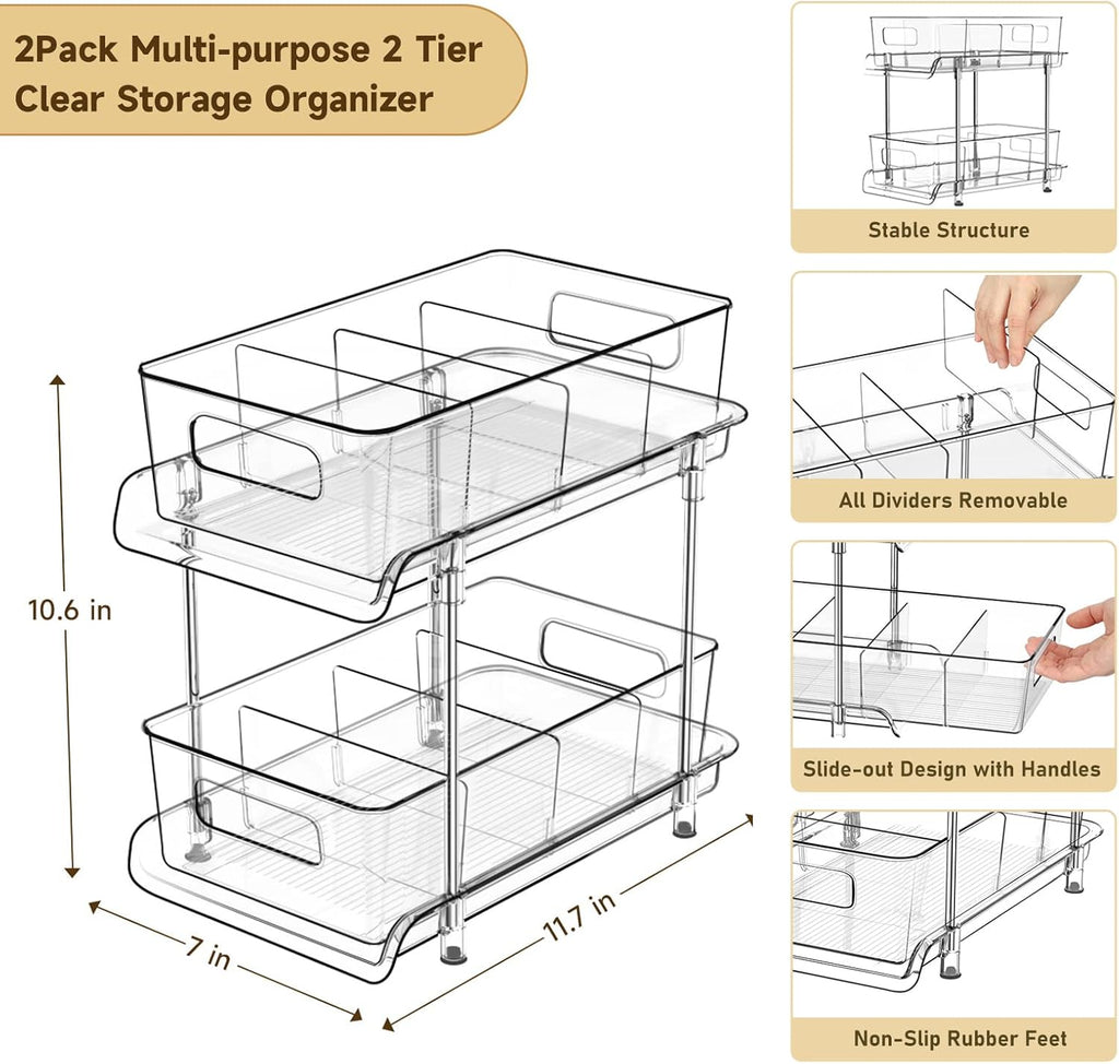 2-Tier Clear Storage Organizer | Pull-Out Cabinet, Bathroom & Pantry Storage