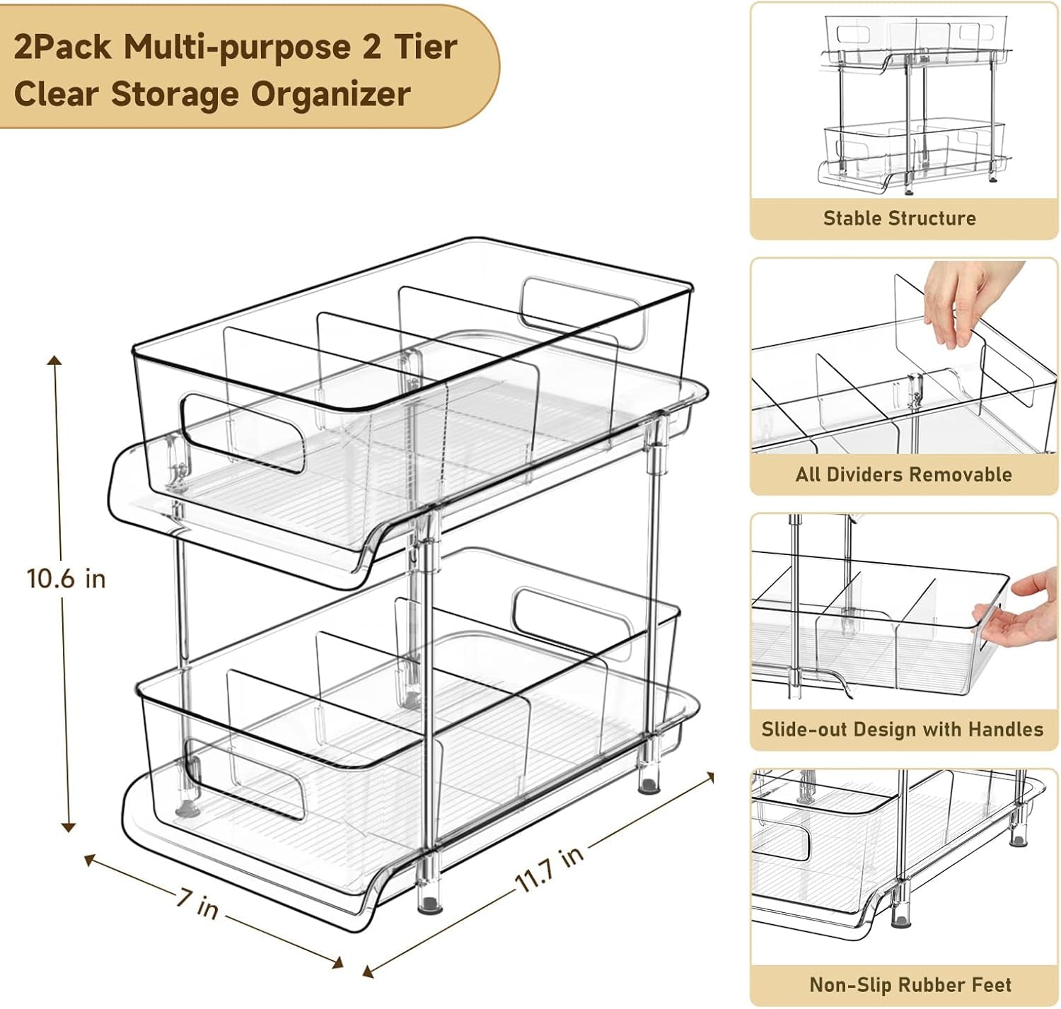 2-Tier Clear Storage Organizer | Pull-Out Cabinet, Bathroom & Pantry Storage