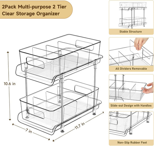 2-Tier Clear Storage Organizer | Pull-Out Cabinet, Bathroom & Pantry Storage