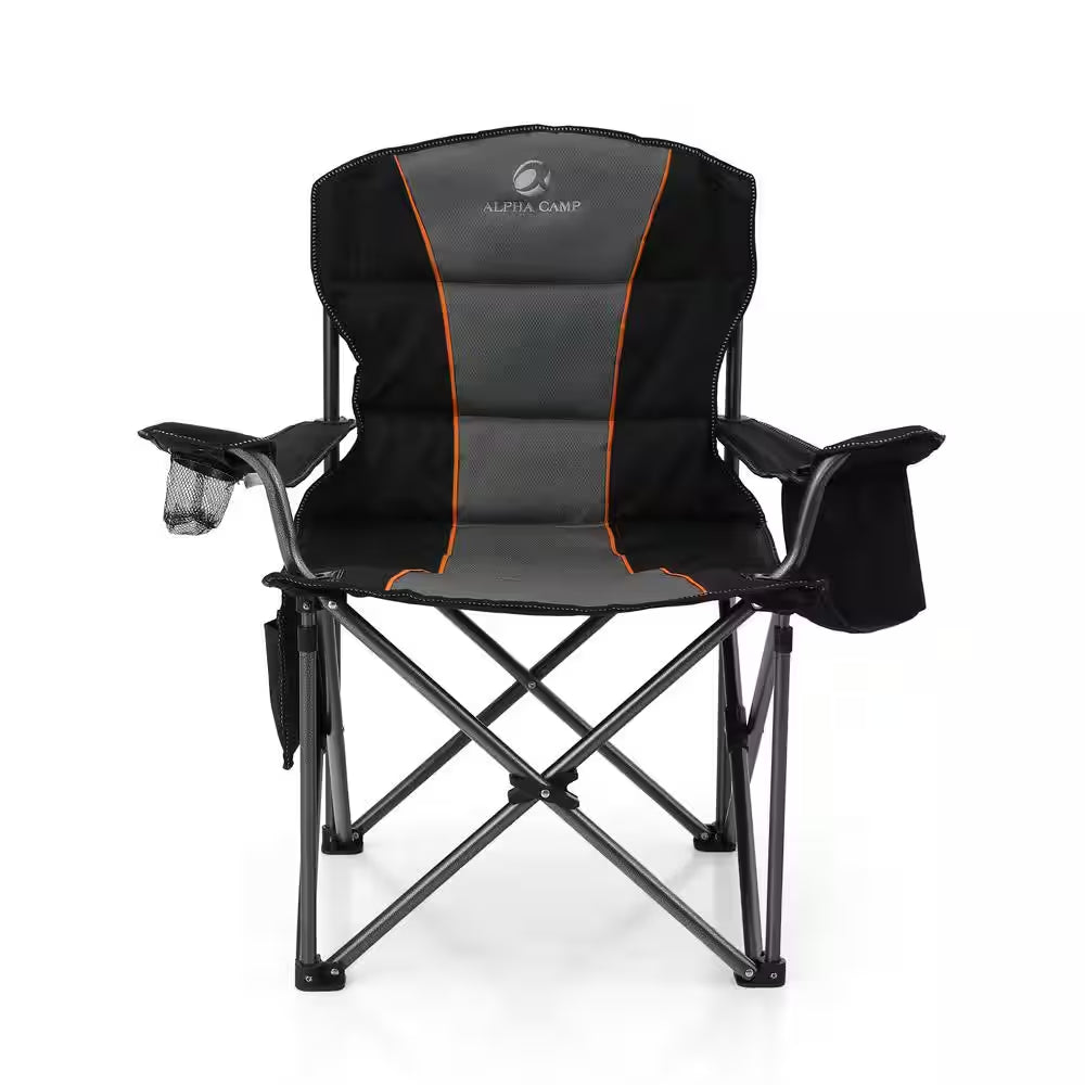 Deluxe Heavy-Duty Oversized Folding Camping Chair with Integrated Cooler Bag - Black