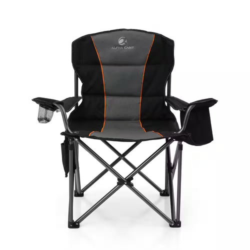 Deluxe Heavy-Duty Oversized Folding Camping Chair with Integrated Cooler Bag - Black
