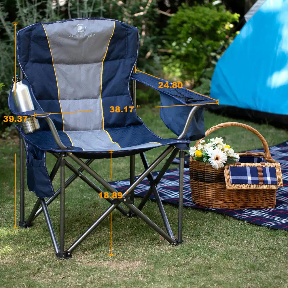 Deluxe Heavy-Duty Oversized Folding Camping Chair with Integrated Cooler Bag - Blue