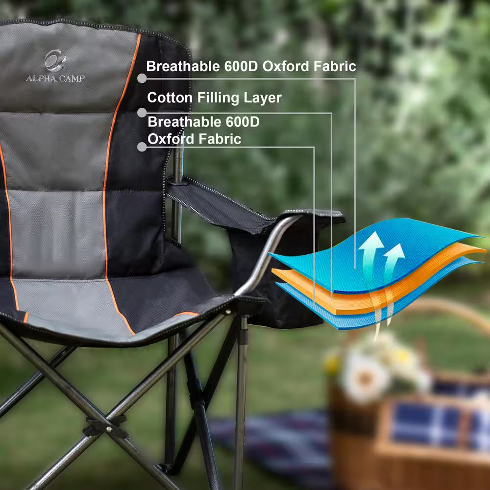 Deluxe Heavy-Duty Oversized Folding Camping Chair with Integrated Cooler Bag - Black