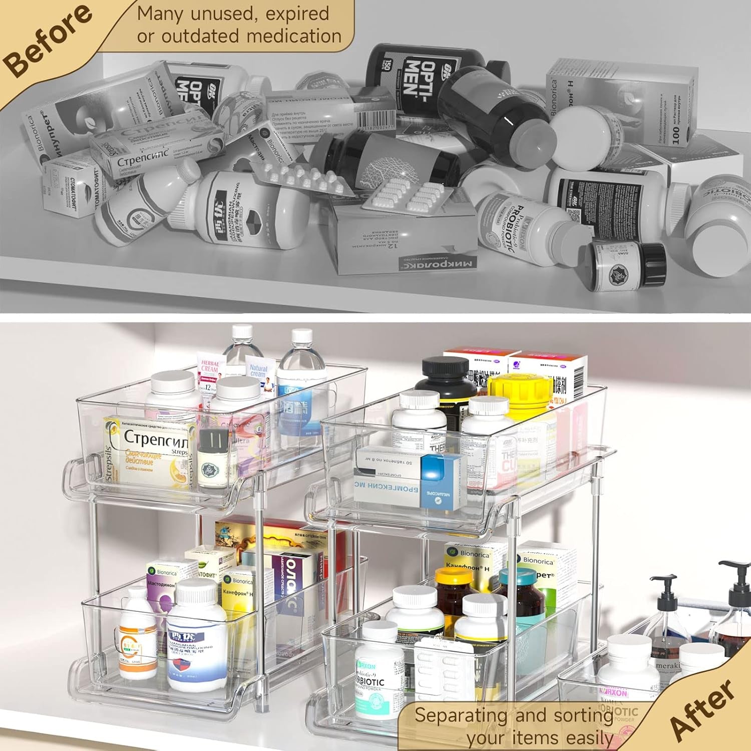 2-Tier Clear Storage Organizer | Pull-Out Cabinet, Bathroom & Pantry Storage